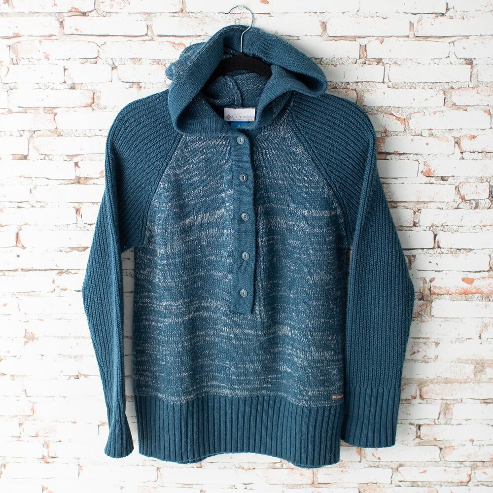 Columbia Women's Large Hooded Sweater Teal Wool-Blend Button Pullover - Picture 1 of 9
